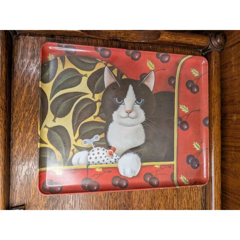 Set Of 2 Diane Jackson Melamine Trays, Tuxedo Cat w/Cherries Made In Italy 12